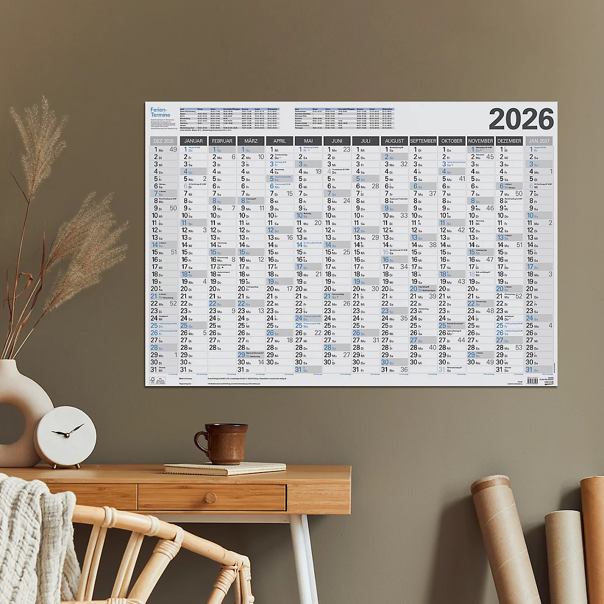 Wandkalender Korsch 2026, 14 Monate, Kalendarium für DE, B 970 x H 670 mm, Papier, weiß