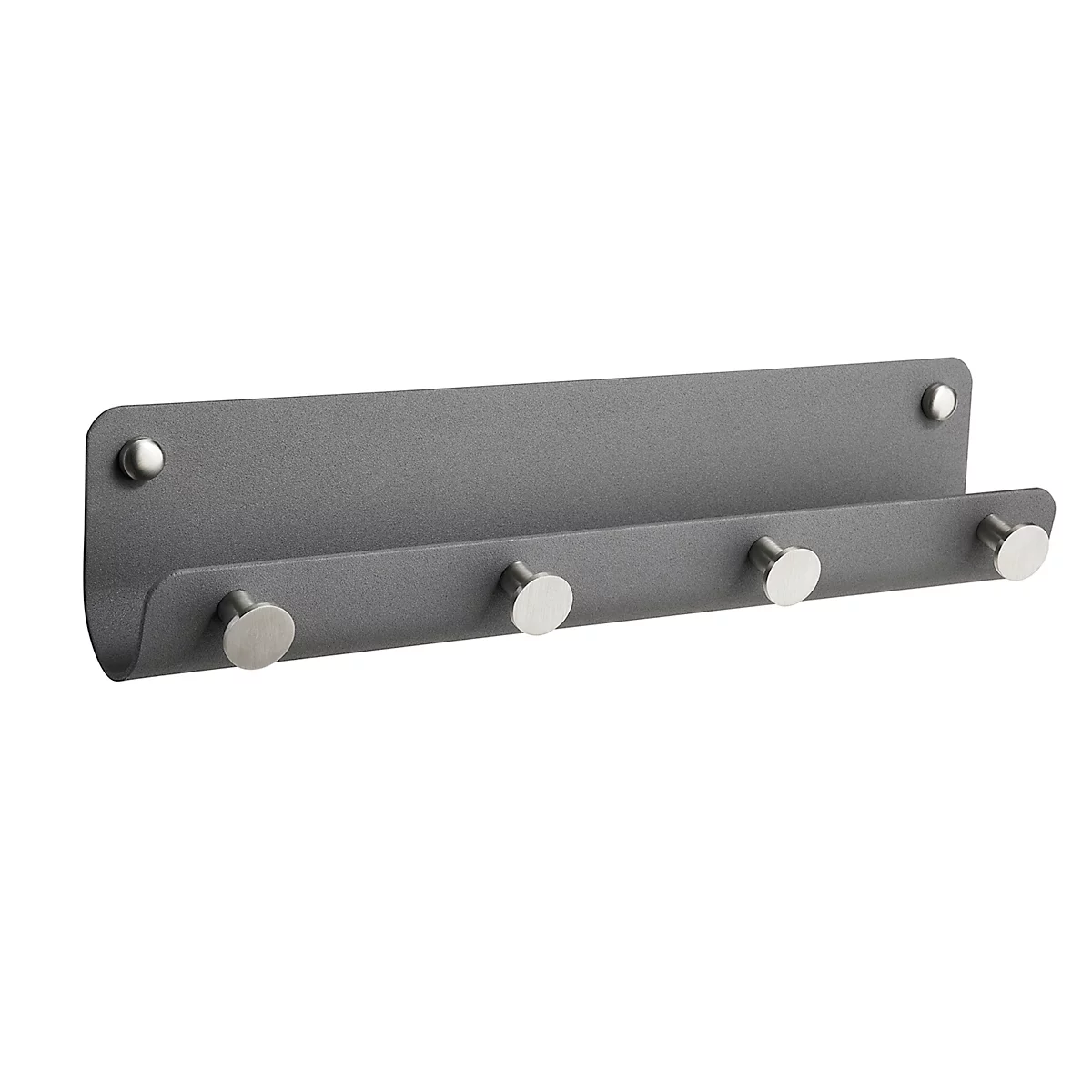 Grijze metalen sleutelhouder met vier haken.
