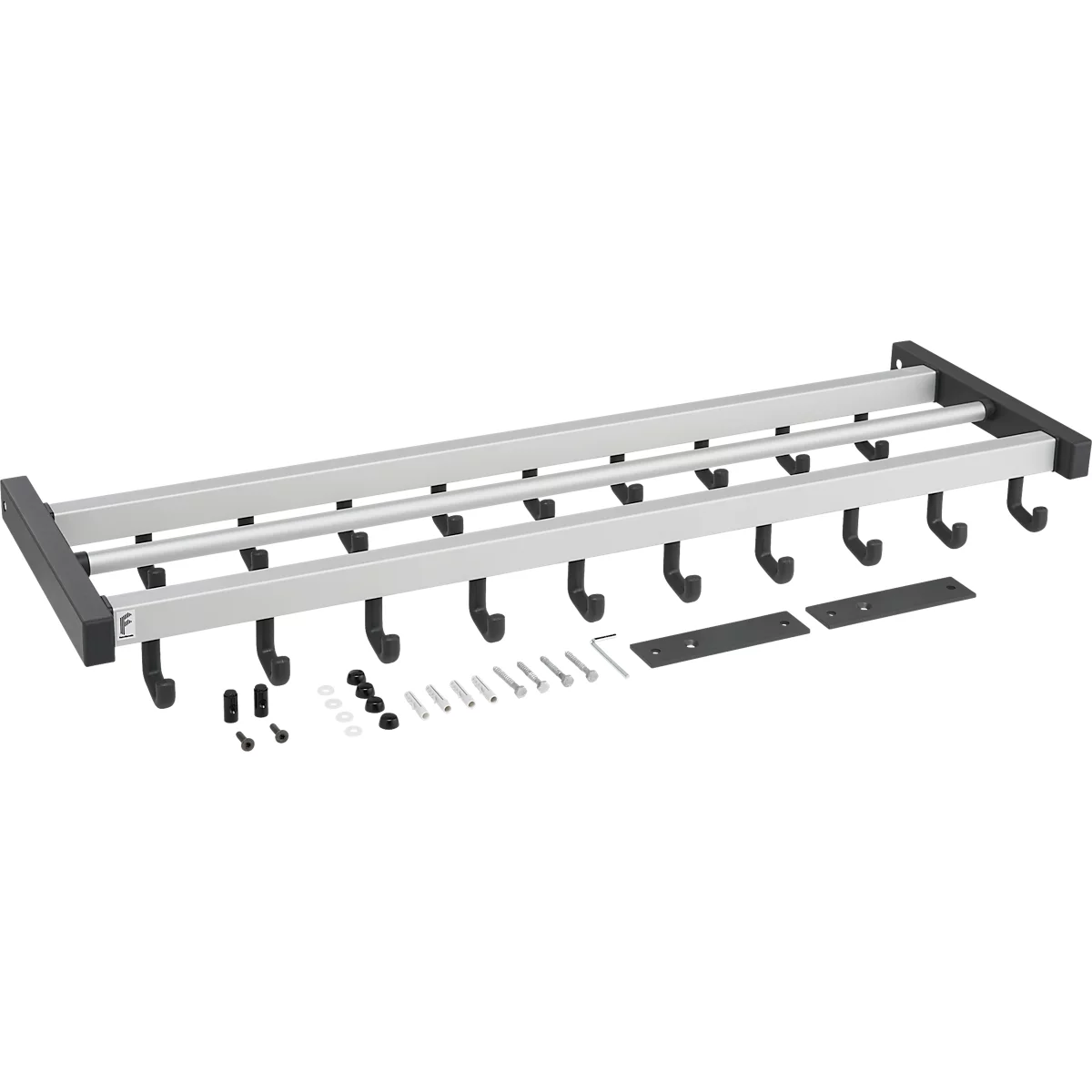 Metalen wandgarderobe, met haken en accessoires voor montage.