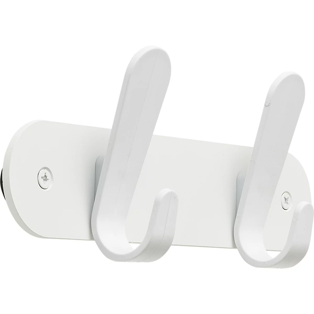Witte wandhaak met twee hangers, aan de muur gemonteerd. Schroeven zijn zichtbaar.