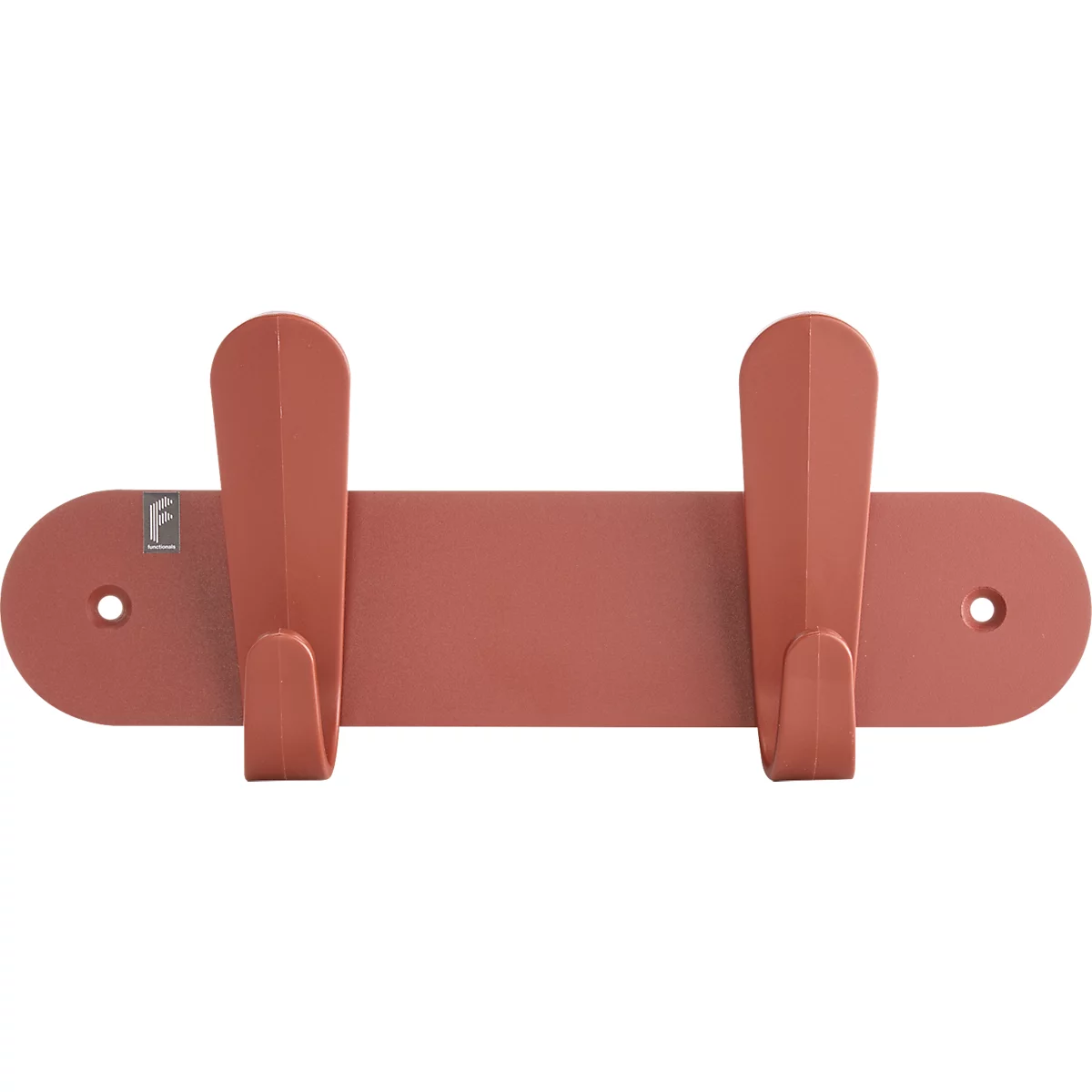 Koraalroze wandhaak met twee haken. Er staat een logo op de plaat en er zitten twee gaten in.