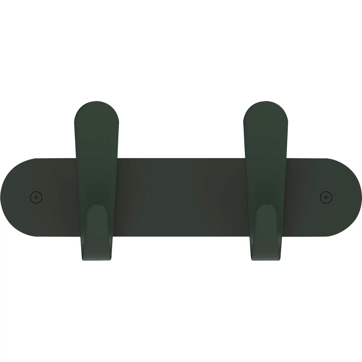 Donkergroene wandhaak met twee haken, gemonteerd op een langwerpig, afgerond bord.