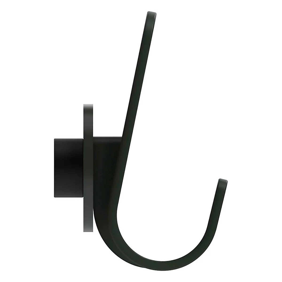 Profiel van een zwarte wandhaak, met een ronde houder en een gebogen haak.
