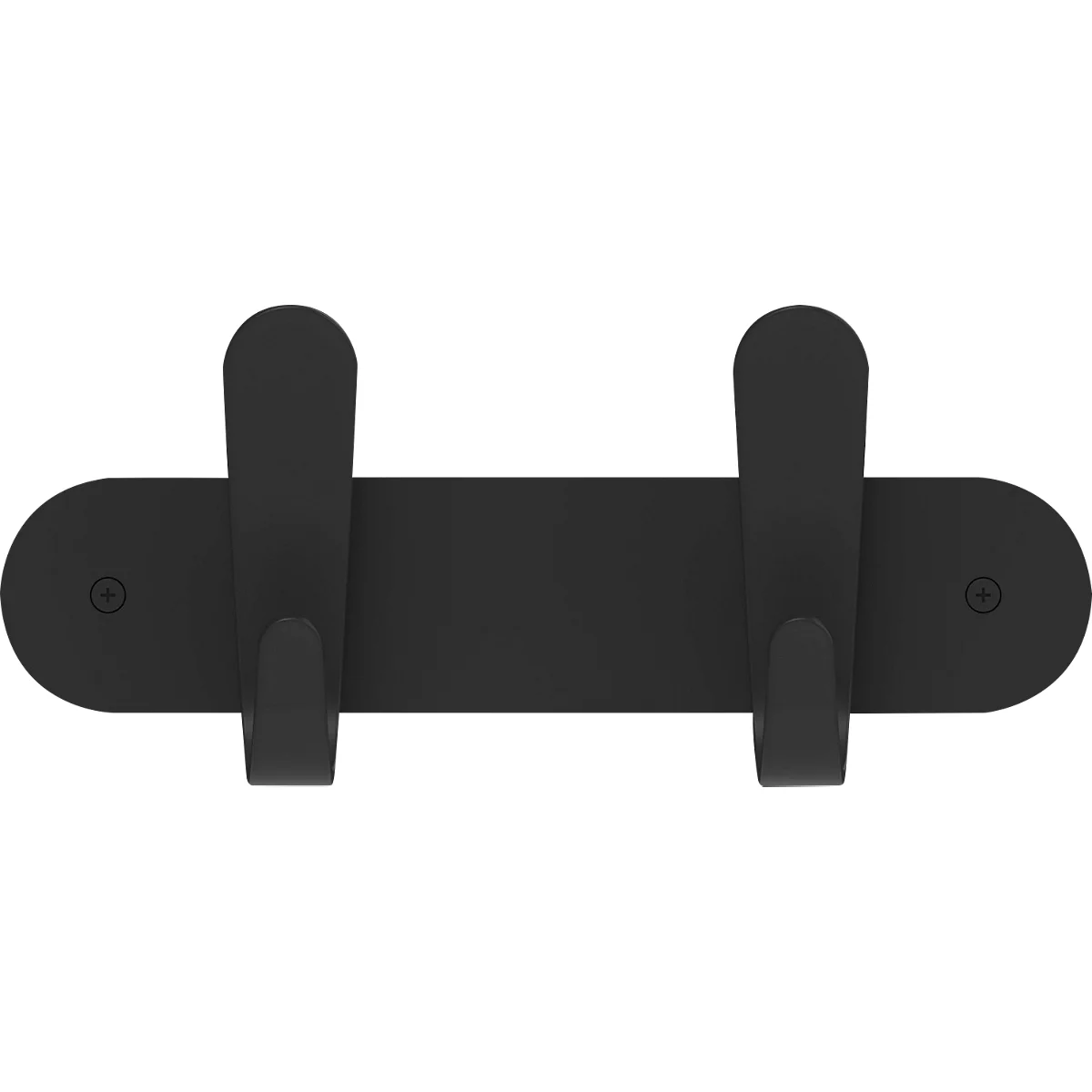 Zwarte wandhaak met twee haken, gemonteerd op een ovale plaat.