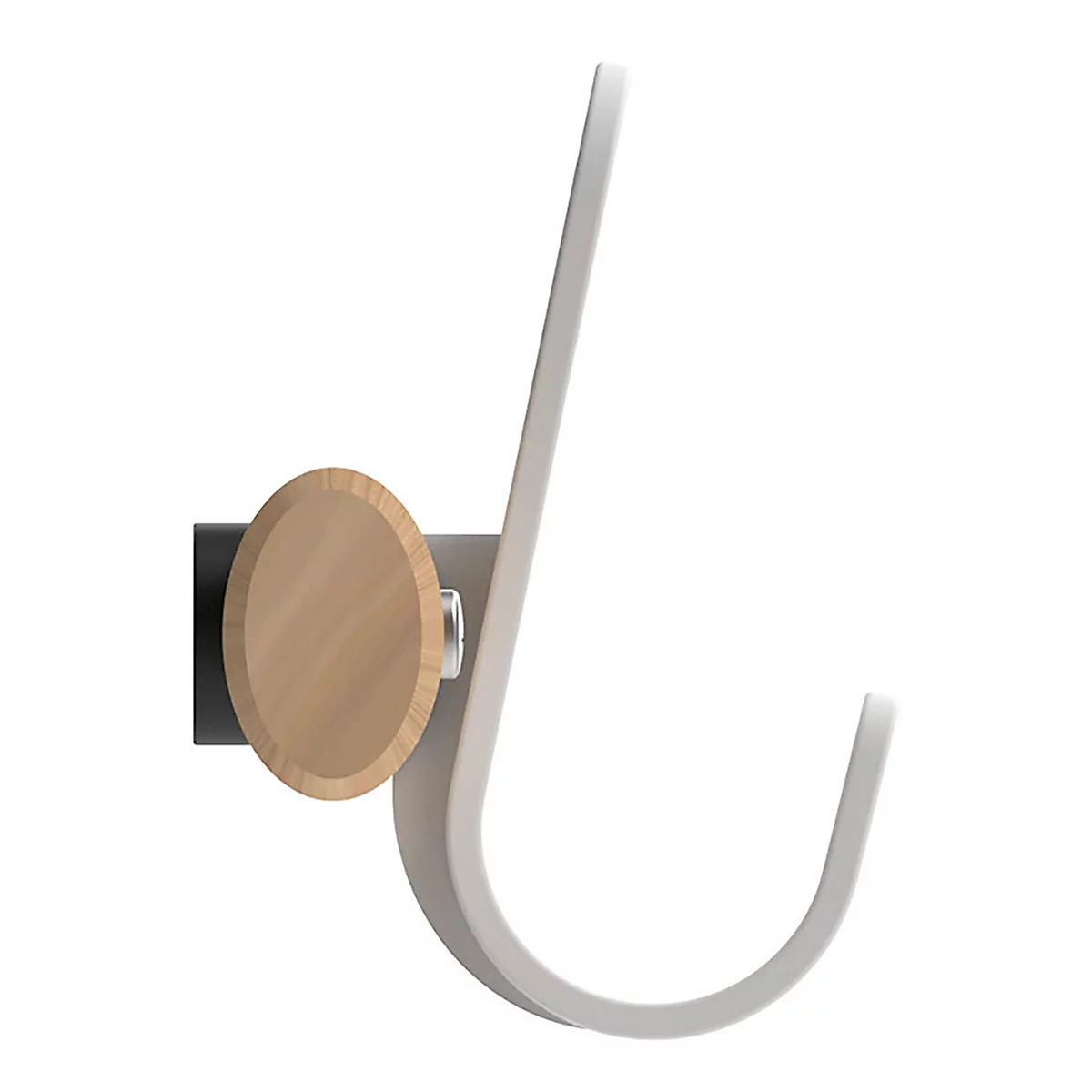 Wandhaak met houten element. Grijze metalen haak met houten schijf als houder. Lichtgrijze gebogen haak.