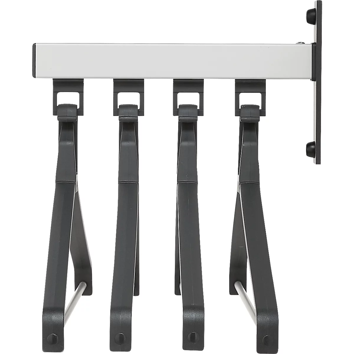 Wandgarderobe met vier zwarte kleerhangers op een lichtgrijze stang.