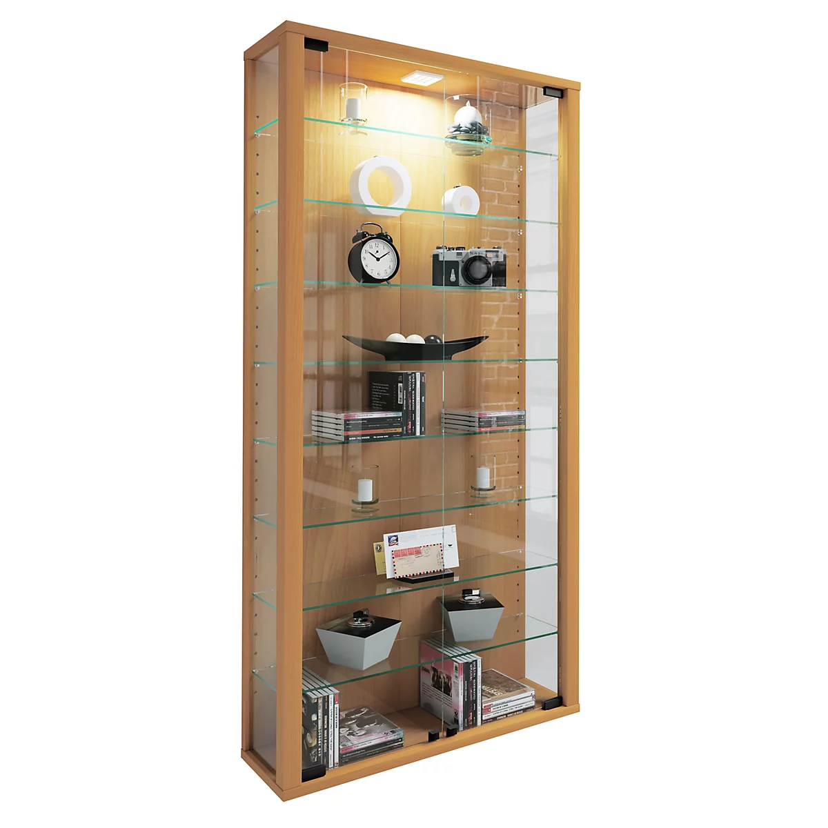 Wandkast Vitrosa Maxi - B 590 x D 180 x H 1140 mm - met LED-verlichting - 8 legborden - glas en hout - glas en hout - beuken decor