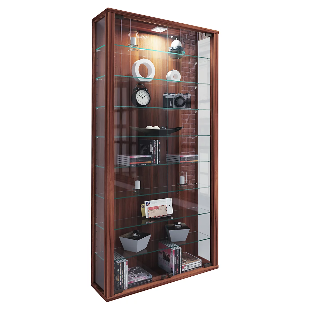Wandkast Vitrosa Maxi - B 590 x D 180 x H 1140 mm - met LED-verlichting - 8 legborden - glas en hout - kern notendecor