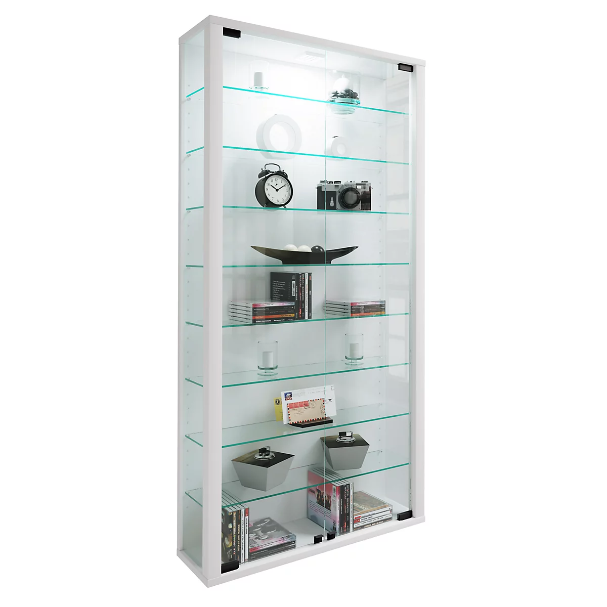 Wandkast Vitrosa Maxi - B 590 x D 180 x H 1140 mm - met LED-verlichting - 8 legborden - glas en hout - wit