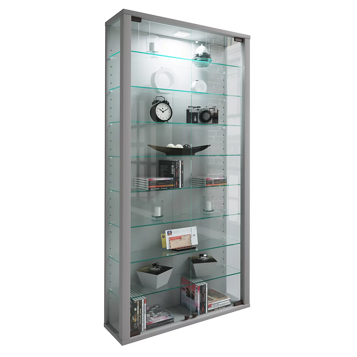 Wandkast Vitrosa Maxi - B 590 x D 180 x H 1140 mm - met LED-verlichting - 8 legborden - glas en hout - zilver