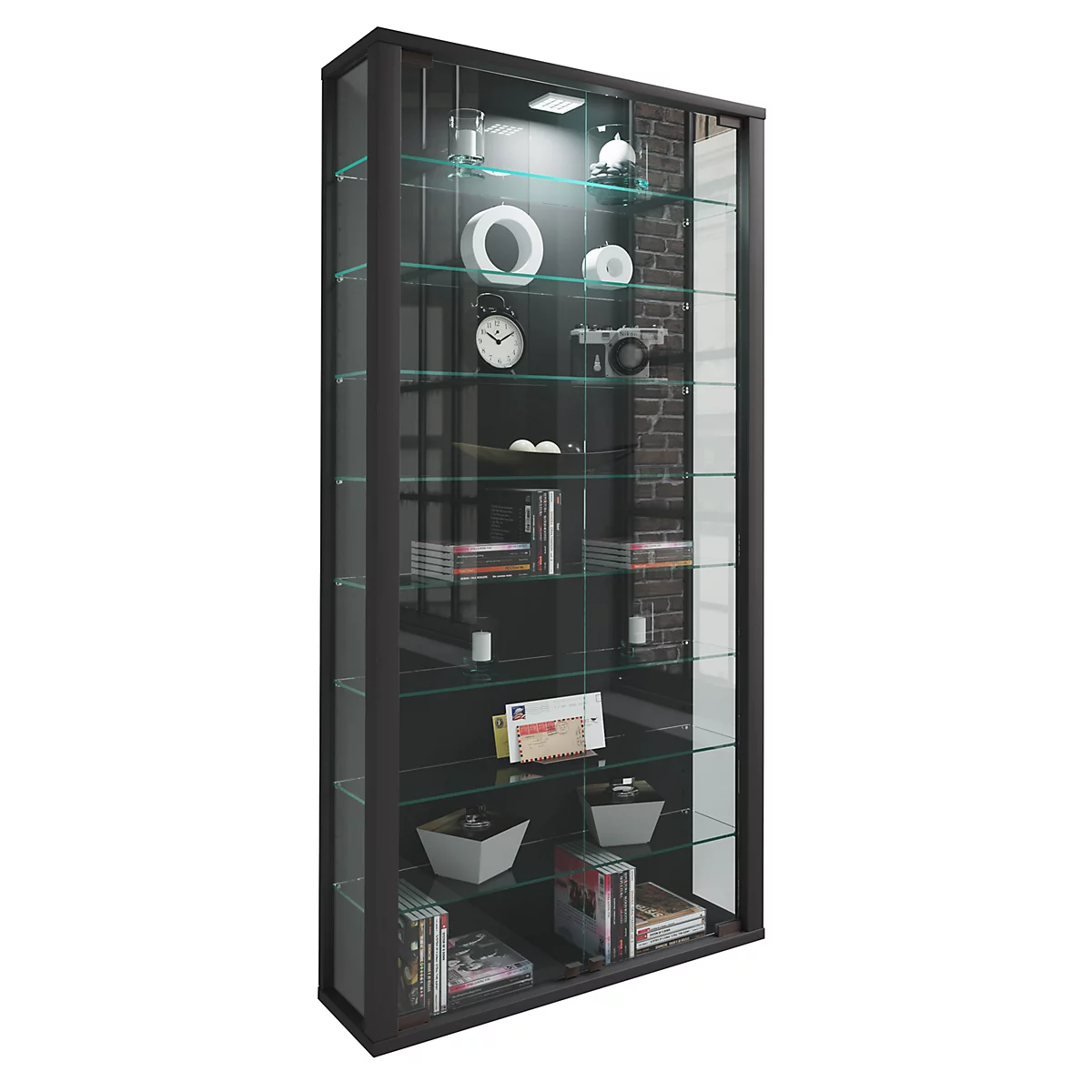 Wandkast Vitrosa Maxi - B 590 x D 180 x H 1140 mm - met LED-verlichting - 8 legborden - glas en hout - zwart