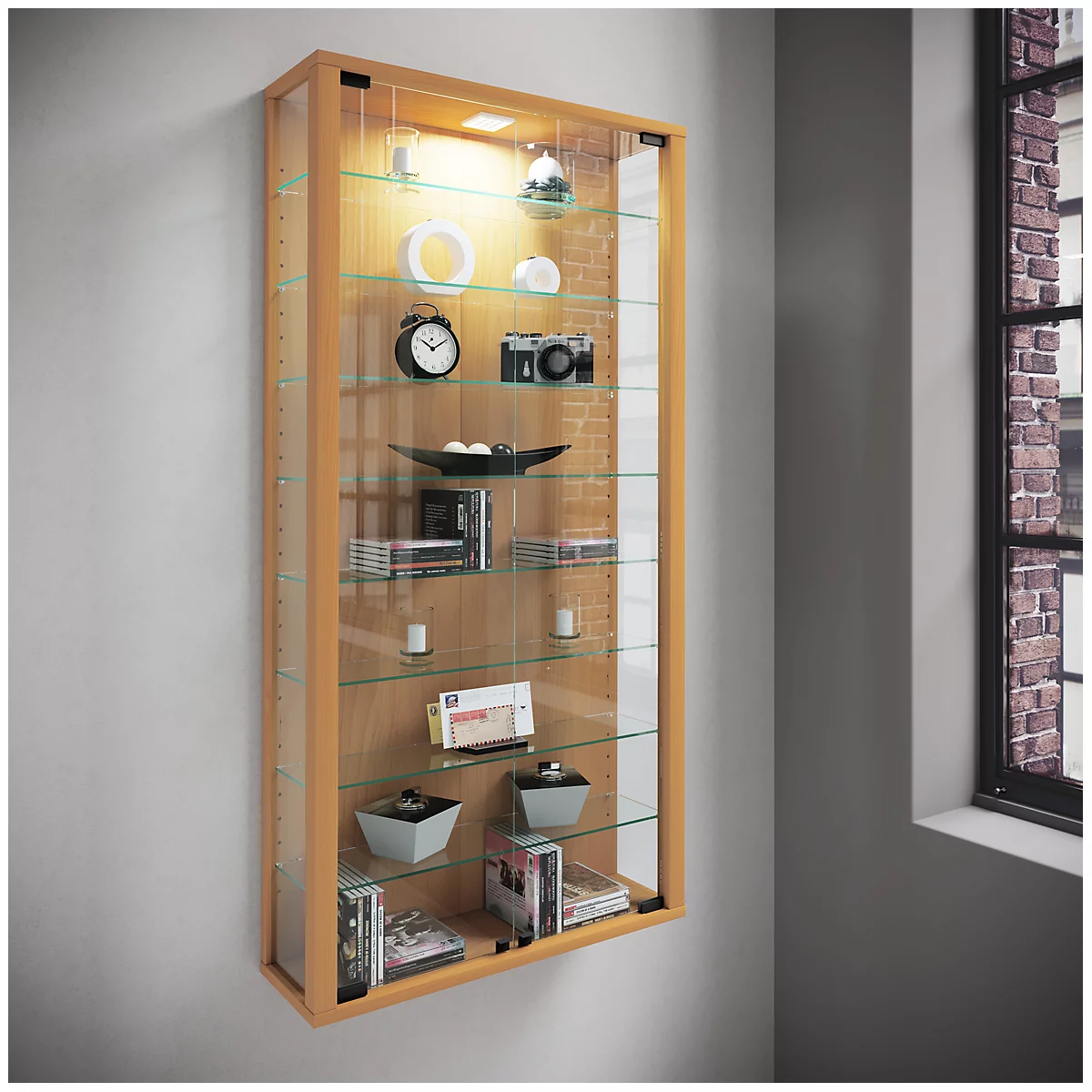 Wandkast Vitrosa Maxi - B 590 x D 180 x H 1140 mm - ZONDER LED-verlichting - 8 legborden - glas en hout - beuken decor