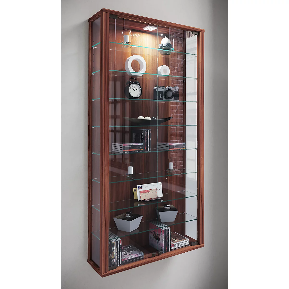 Wandkast Vitrosa Maxi - B 590 x D 180 x H 1140 mm - ZONDER LED-verlichting - 8 legborden - glas en hout - kern notendecor