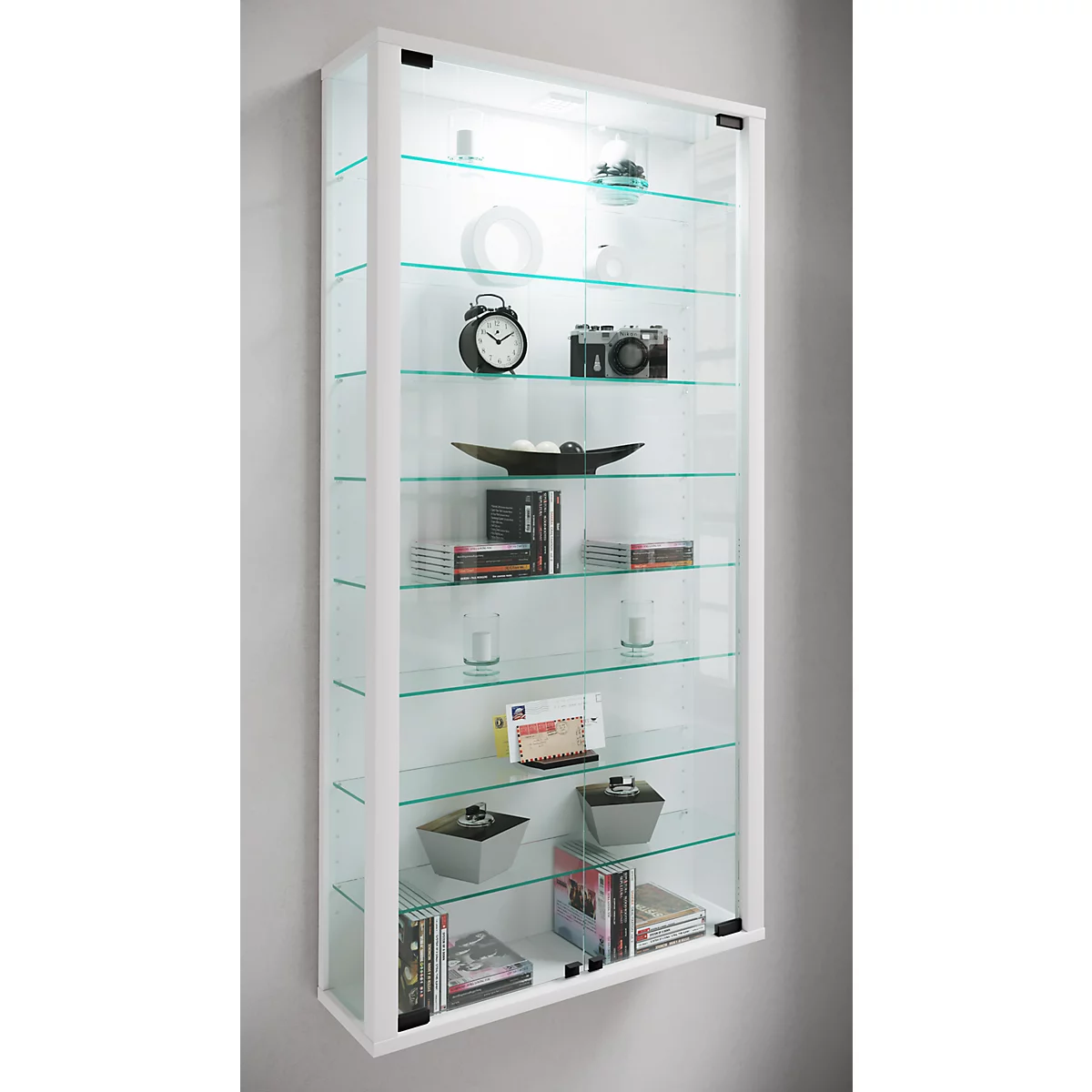 Wandkast Vitrosa Maxi - B 590 x D 180 x H 1140 mm - ZONDER LED-verlichting - 8 legborden - glas en hout - wit