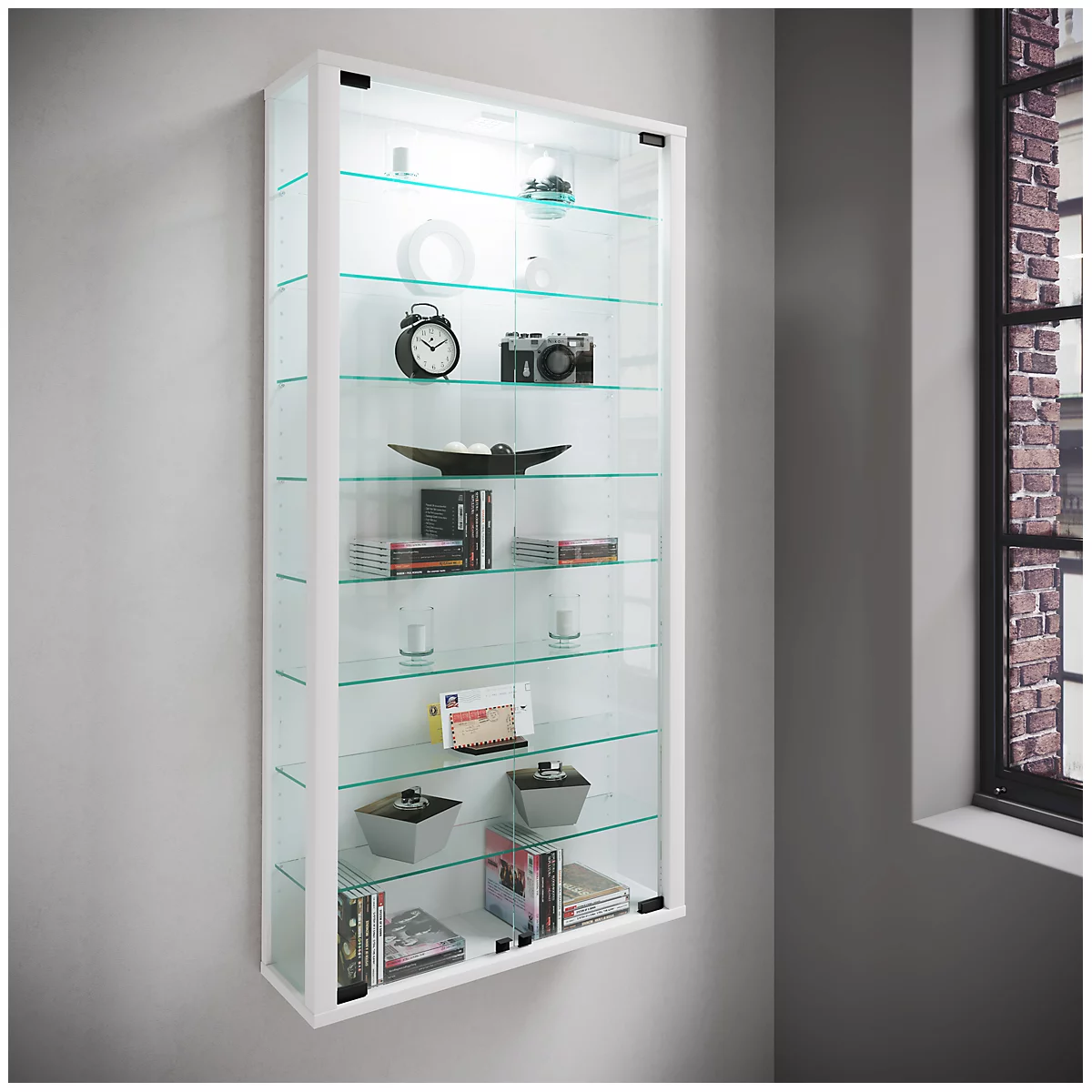 Wandkast Vitrosa Maxi - B 590 x D 180 x H 1140 mm - ZONDER LED-verlichting - 8 legborden - glas en hout - wit