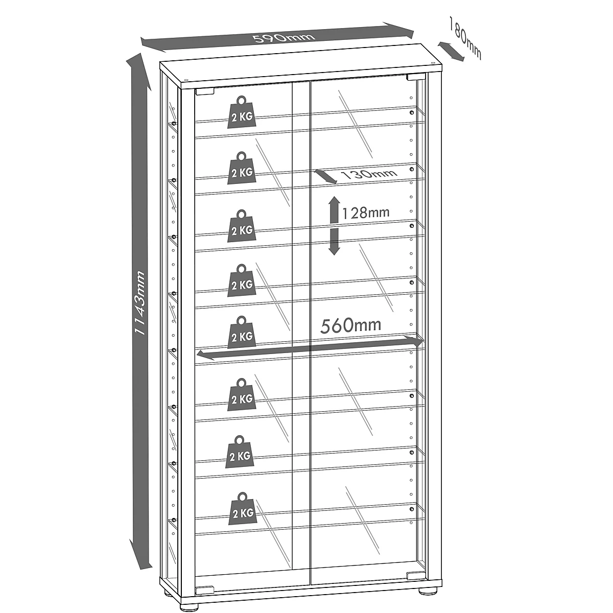 Wandkast Vitrosa Maxi - B 590 x D 180 x H 1140 mm - ZONDER LED-verlichting - 8 legborden - glas en hout - wit