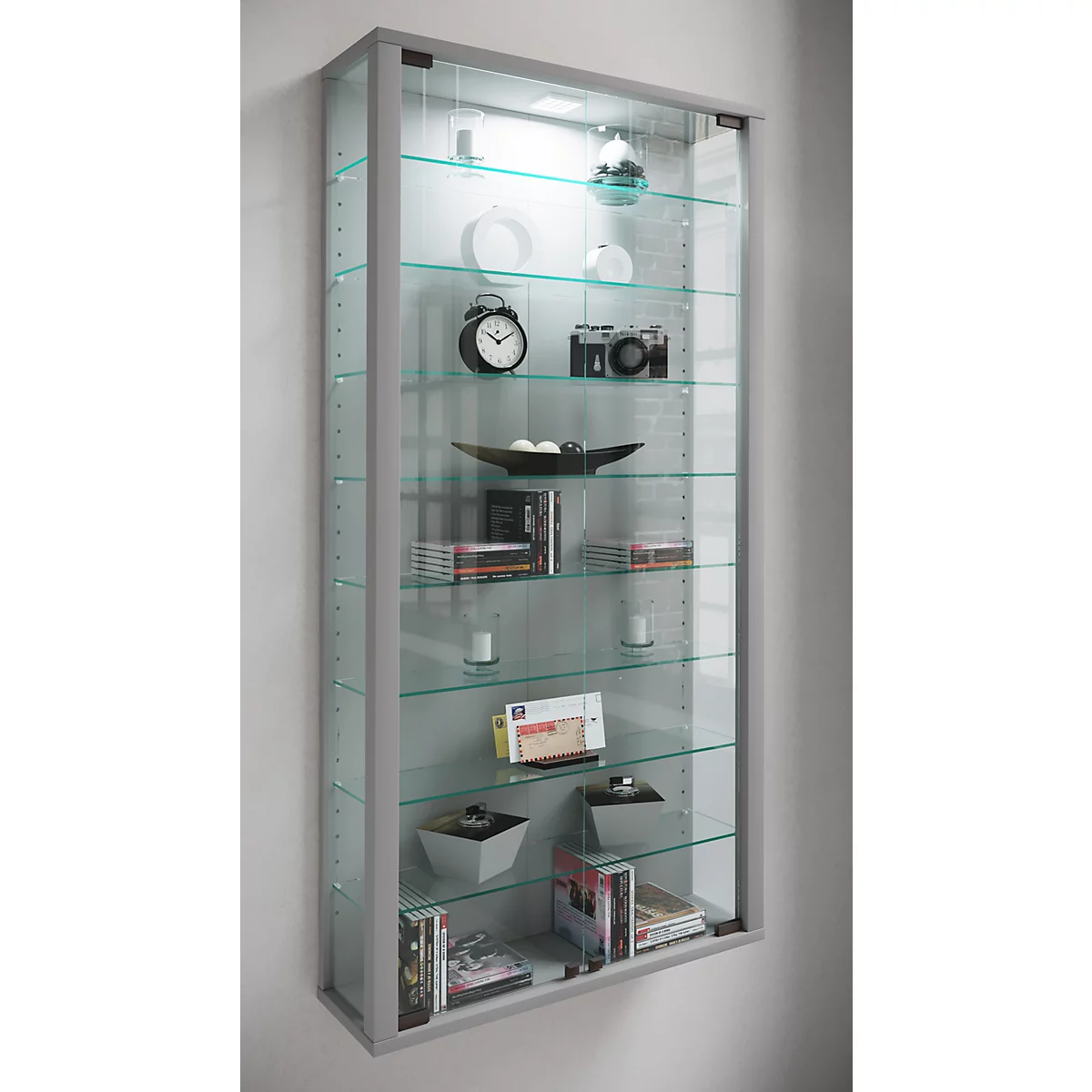 Wandkast Vitrosa Maxi - B 590 x D 180 x H 1140 mm - ZONDER LED-verlichting - 8 legborden - glas en hout - zilverkleurig