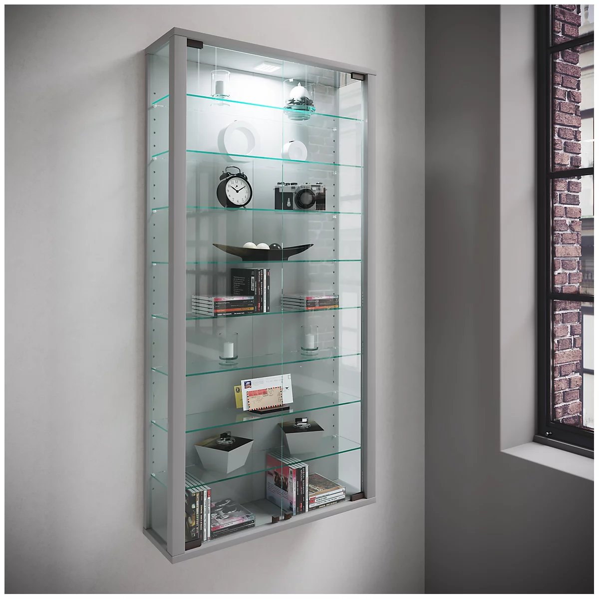 Wandkast Vitrosa Maxi - B 590 x D 180 x H 1140 mm - ZONDER LED-verlichting - 8 legborden - glas en hout - zilverkleurig
