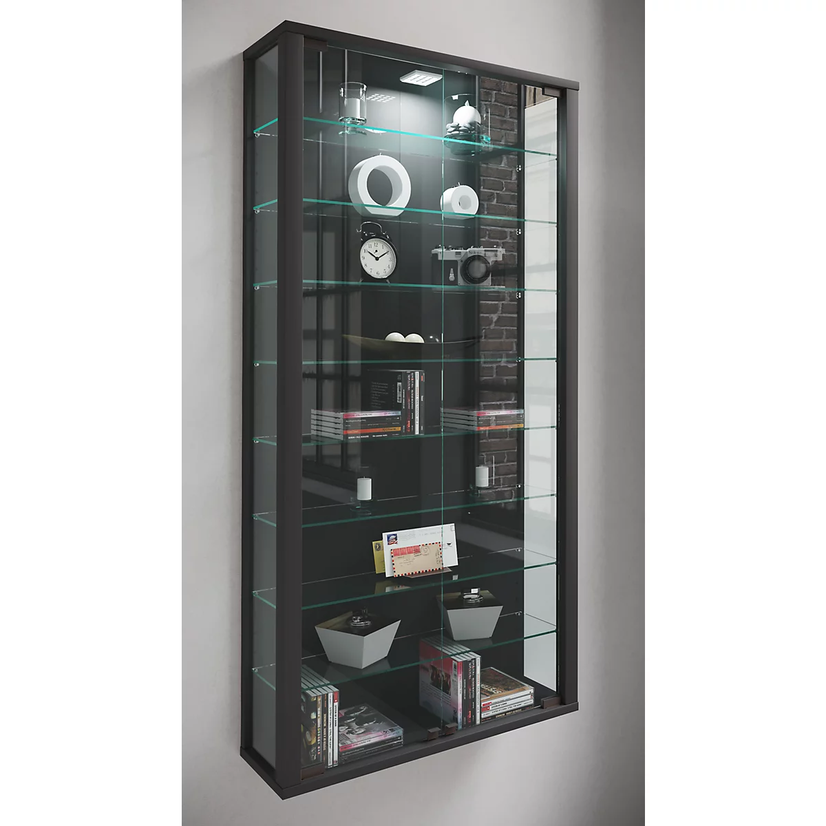 Wandkast Vitrosa Maxi - B 590 x D 180 x H 1140 mm - ZONDER LED-verlichting - 8 legborden - glas en hout - zwart