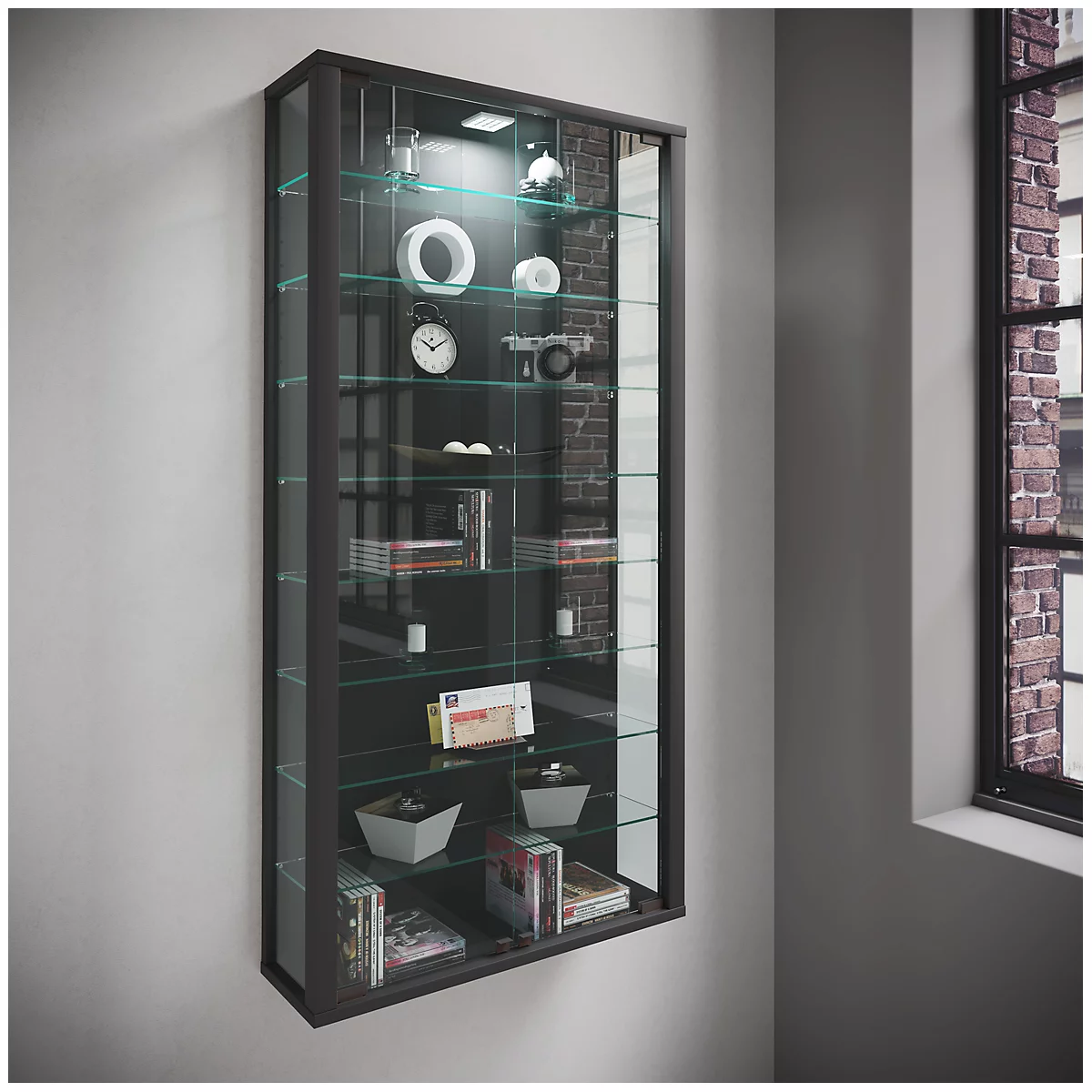 Wandkast Vitrosa Maxi - B 590 x D 180 x H 1140 mm - ZONDER LED-verlichting - 8 legborden - glas en hout - zwart