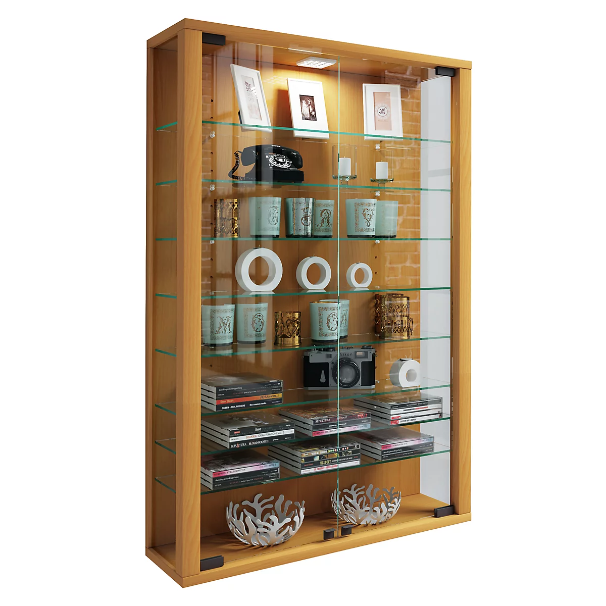 Wandkast Vitrosa Mini - B 590 x D 180 x H 910 mm - met LED-verlichting - 8 legborden - glas en hout - beuken decor 