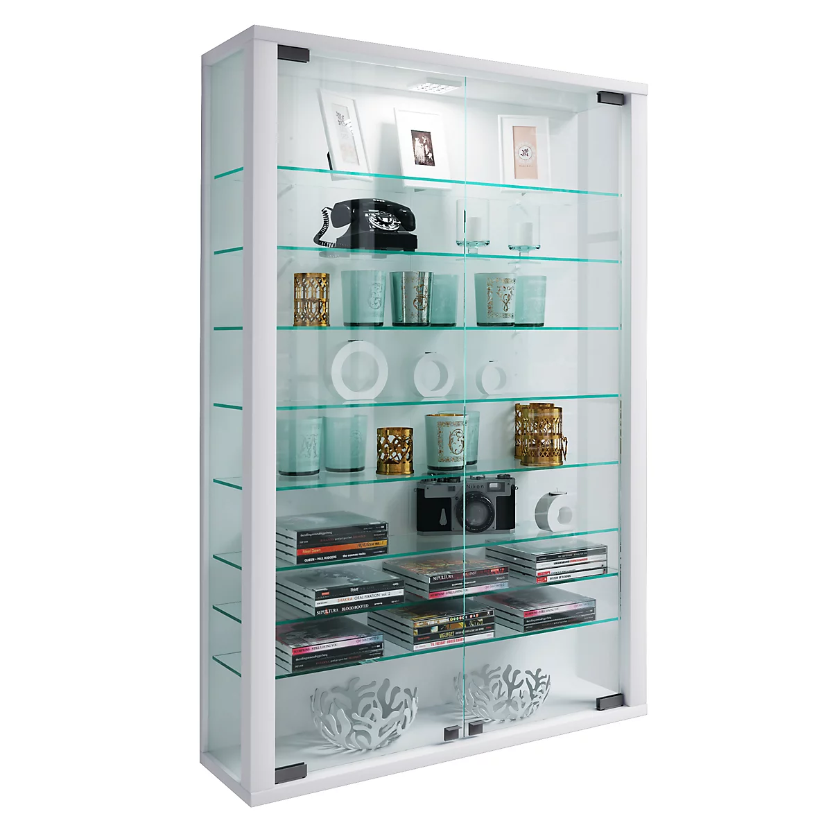 Wandkast Vitrosa Mini - B 590 x D 180 x H 910 mm - met LED-verlichting - 8 legborden - glas en hout - wit