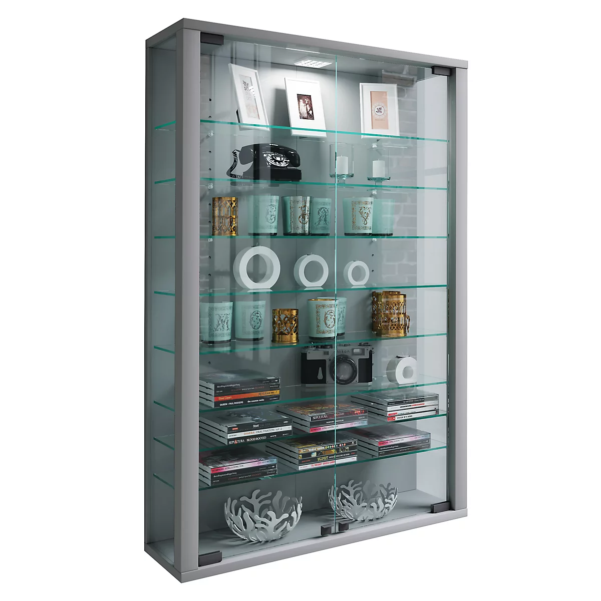 Wandkast Vitrosa Mini - B 590 x D 180 x H 910 mm - met LED-verlichting - 8 legborden - glas en hout - zilverkleurig