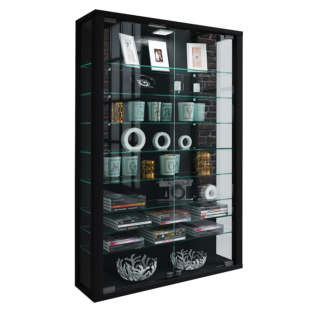 Wandkast Vitrosa Mini - B 590 x D 180 x H 910 mm - met LED-verlichting - 8 legborden - glas en hout - zwart