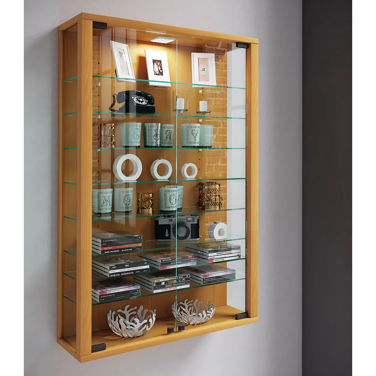Wandkast Vitrosa Mini - B 590 x D 180 x H 910 mm - ZONDER LED-verlichting - 8 legborden - glas en hout - beuken decor