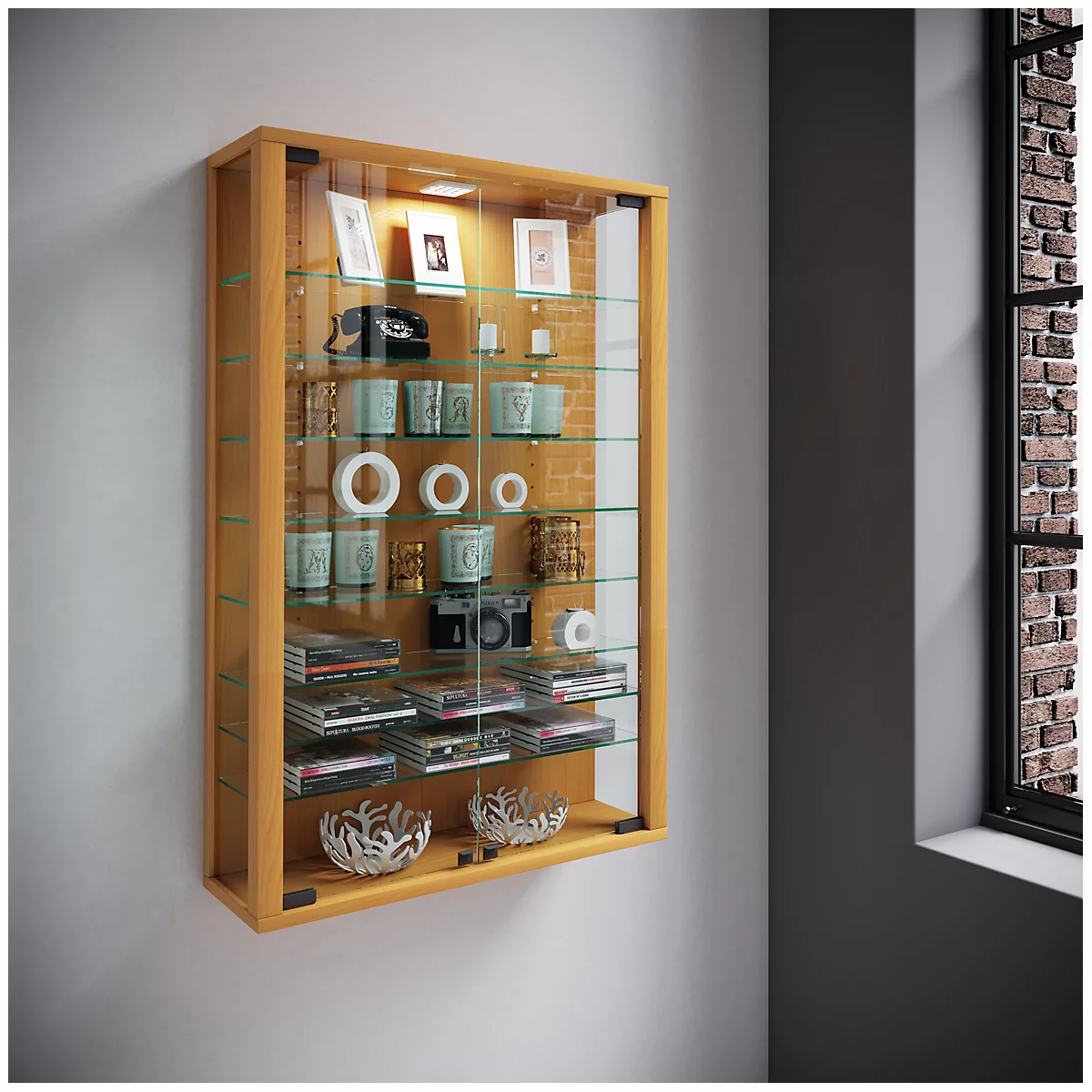 Wandkast Vitrosa Mini - B 590 x D 180 x H 910 mm - ZONDER LED-verlichting - 8 legborden - glas en hout - beuken decor