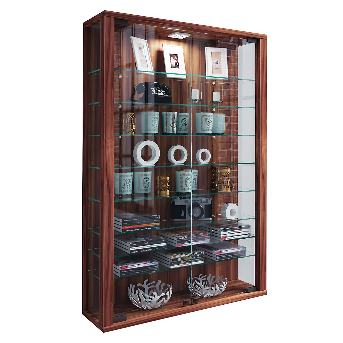 Wandkast Vitrosa Mini - B 590 x D 180 x H 910 mm - ZONDER LED-verlichting - 8 legborden - glas en hout - kern notendecor