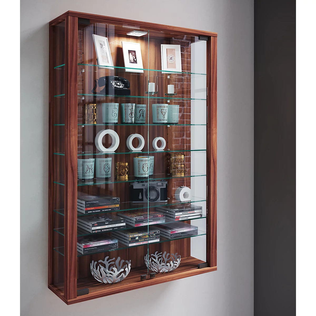 Wandkast Vitrosa Mini - B 590 x D 180 x H 910 mm - ZONDER LED-verlichting - 8 legborden - glas en hout - kern notendecor