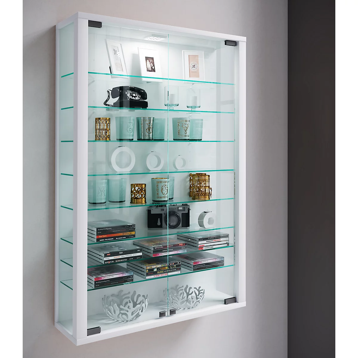 Wandkast Vitrosa Mini - B 590 x D 180 x H 910 mm - ZONDER LED-verlichting - 8 legborden - glas en hout - wit