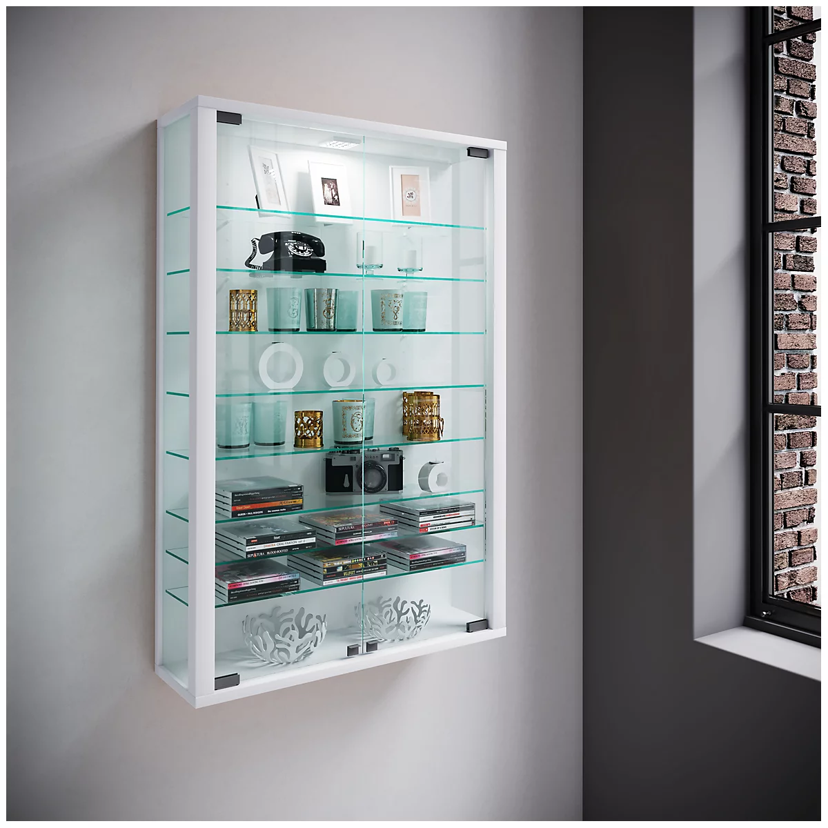 Wandkast Vitrosa Mini - B 590 x D 180 x H 910 mm - ZONDER LED-verlichting - 8 legborden - glas en hout - wit