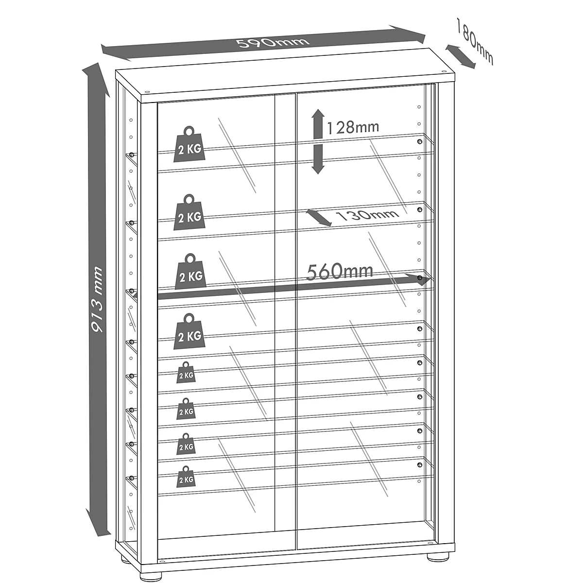 Wandkast Vitrosa Mini - B 590 x D 180 x H 910 mm - ZONDER LED-verlichting - 8 legborden - glas en hout - wit