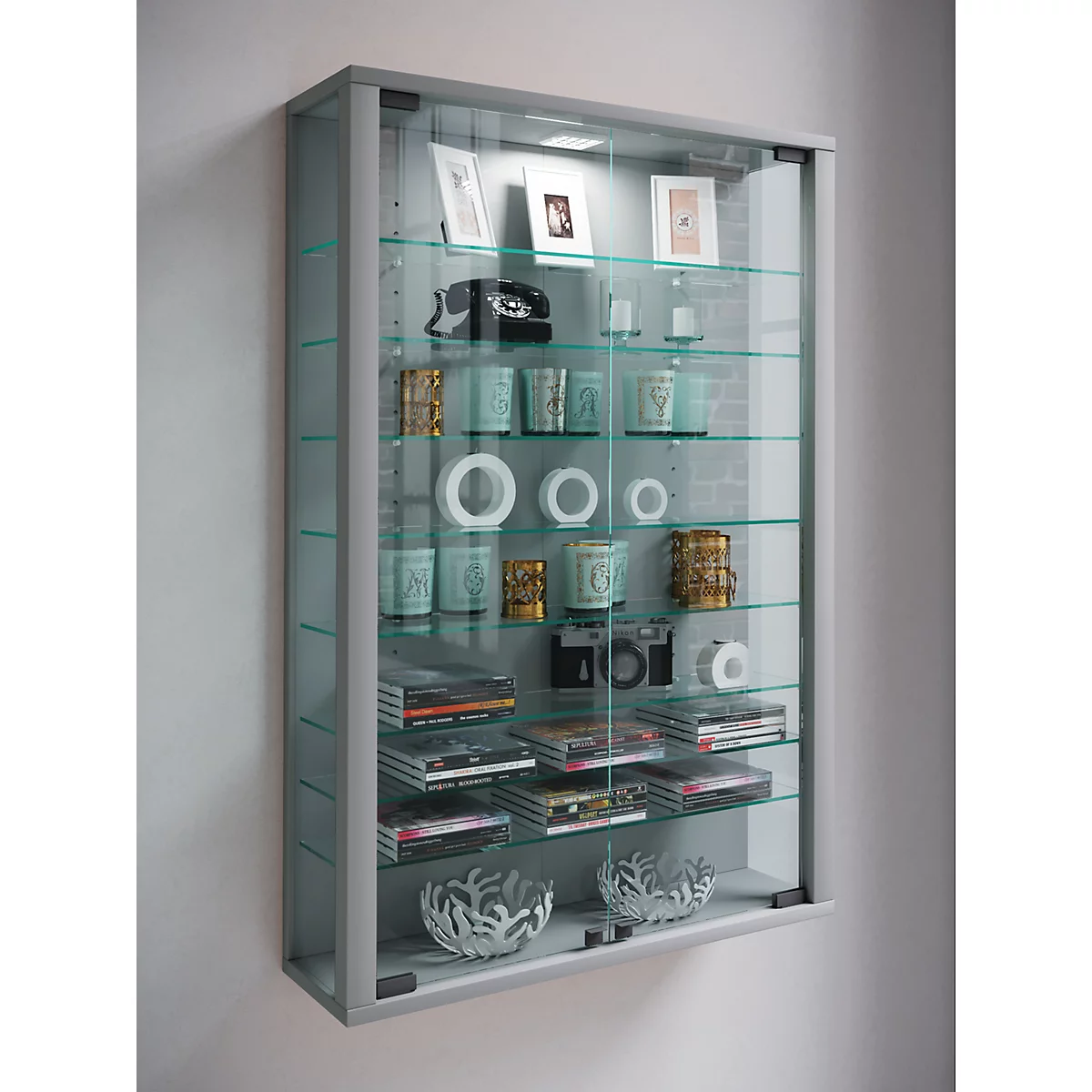 Wandkast Vitrosa Mini - B 590 x D 180 x H 910 mm - ZONDER LED-verlichting - 8 legborden - glas en hout - zilver