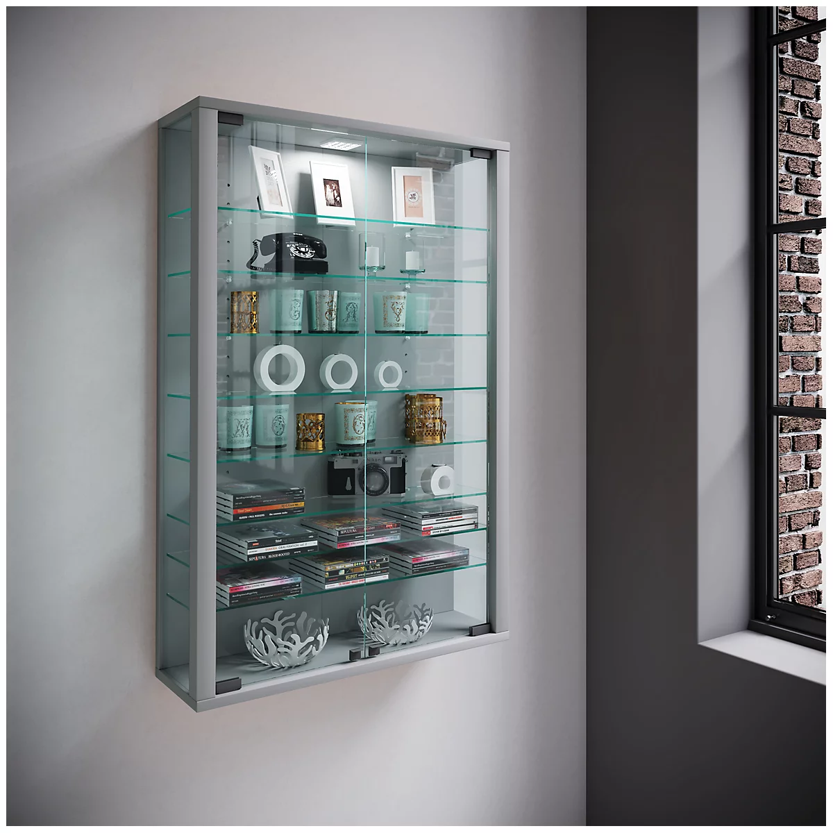 Wandkast Vitrosa Mini - B 590 x D 180 x H 910 mm - ZONDER LED-verlichting - 8 legborden - glas en hout - zilver