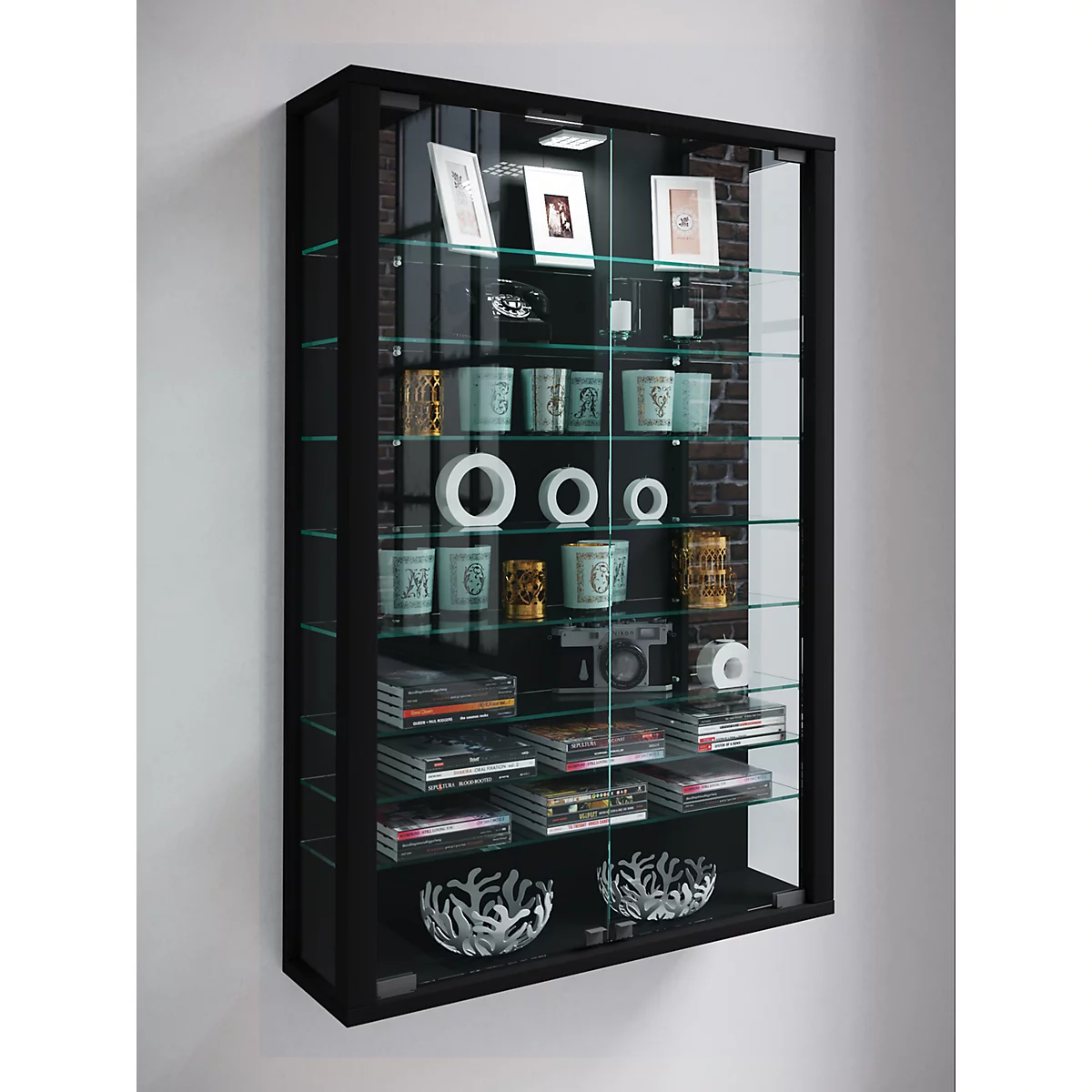 Wandkast Vitrosa Mini - B 590 x D 180 x H 910 mm - ZONDER LED-verlichting - 8 legborden - glas en hout - zwart