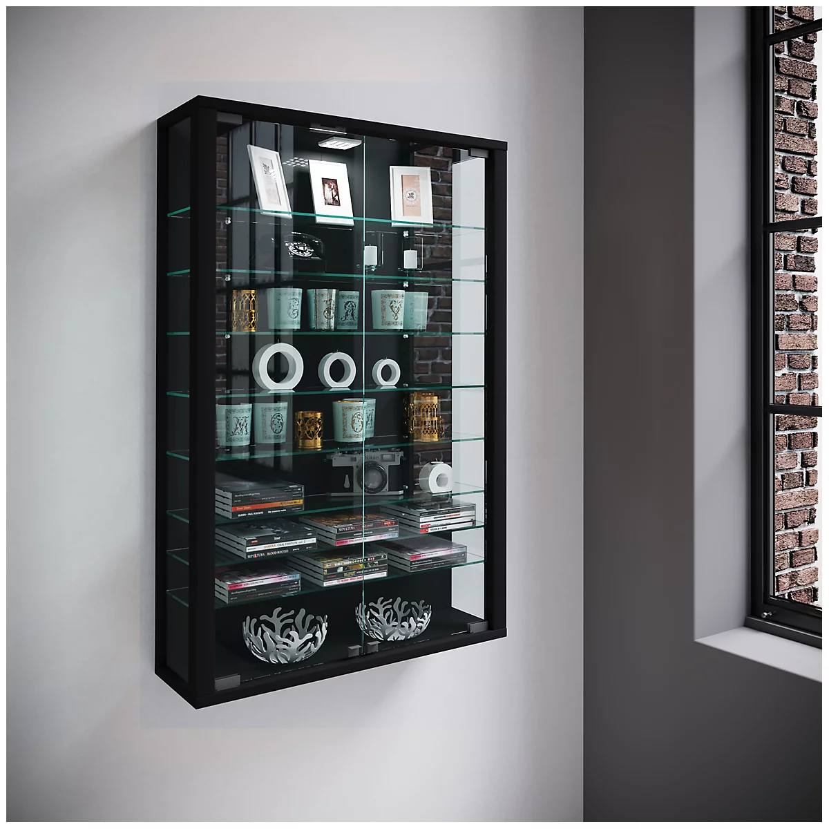 Wandkast Vitrosa Mini - B 590 x D 180 x H 910 mm - ZONDER LED-verlichting - 8 legborden - glas en hout - zwart