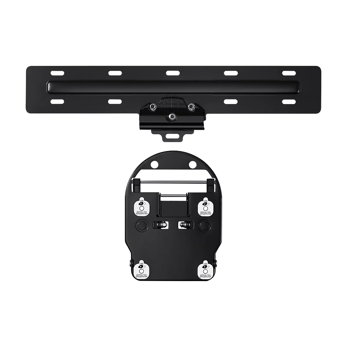 Zwarte tv-wandbevestiging. Bovenop een langwerpige beugel met gaten, daaronder een ovale plaat.