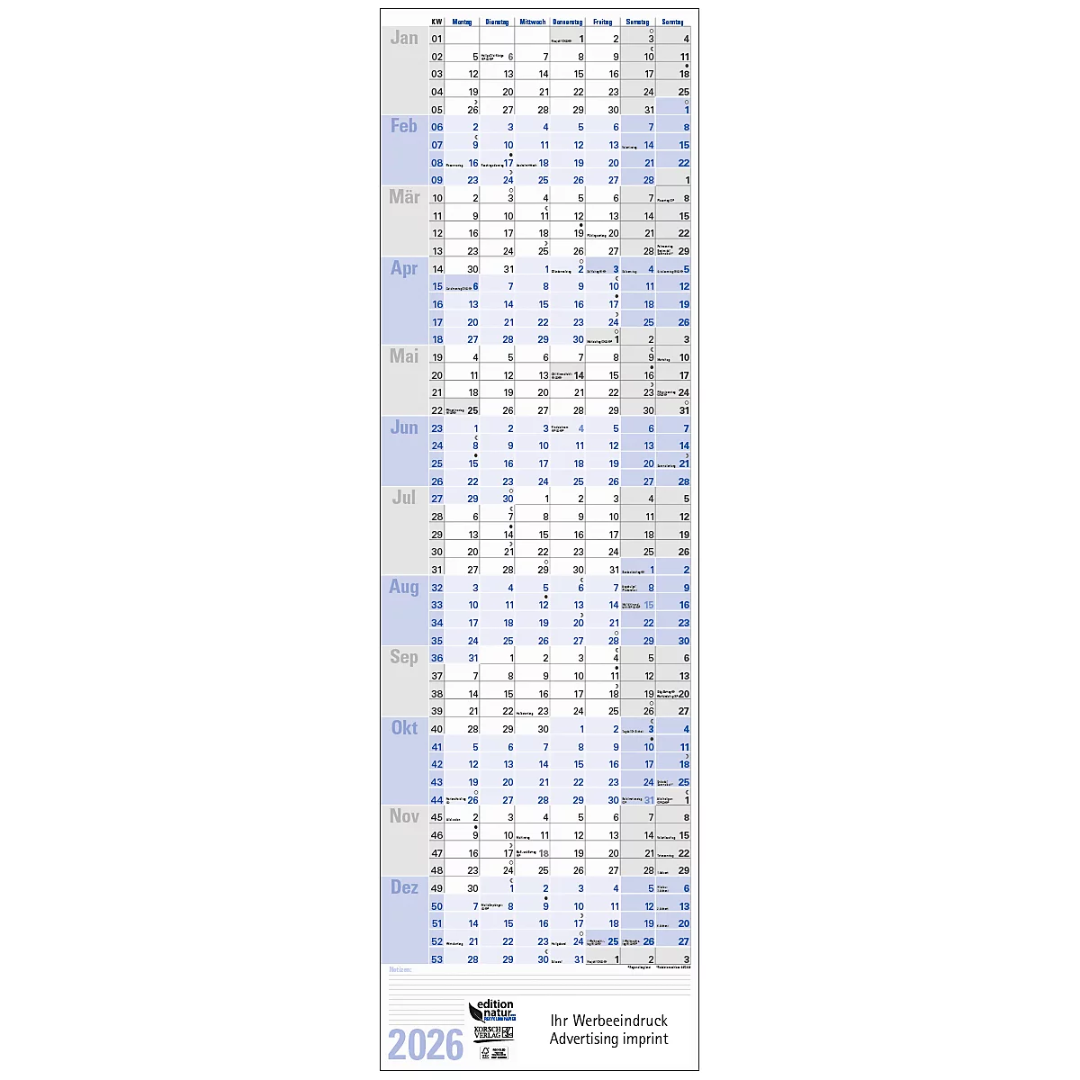 Wandplaner Korsch 2026, Hochformat, Kalendarium für DE, Ferientermine, Sonn- und Feiertage für D/AT/CH, B 297 x H 975 mm, Recyclingpapier