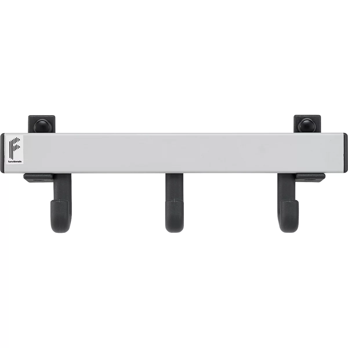 Grijze wandhaak met drie zwarte haken. Het product is afgebeeld tegen een neutrale achtergrond.