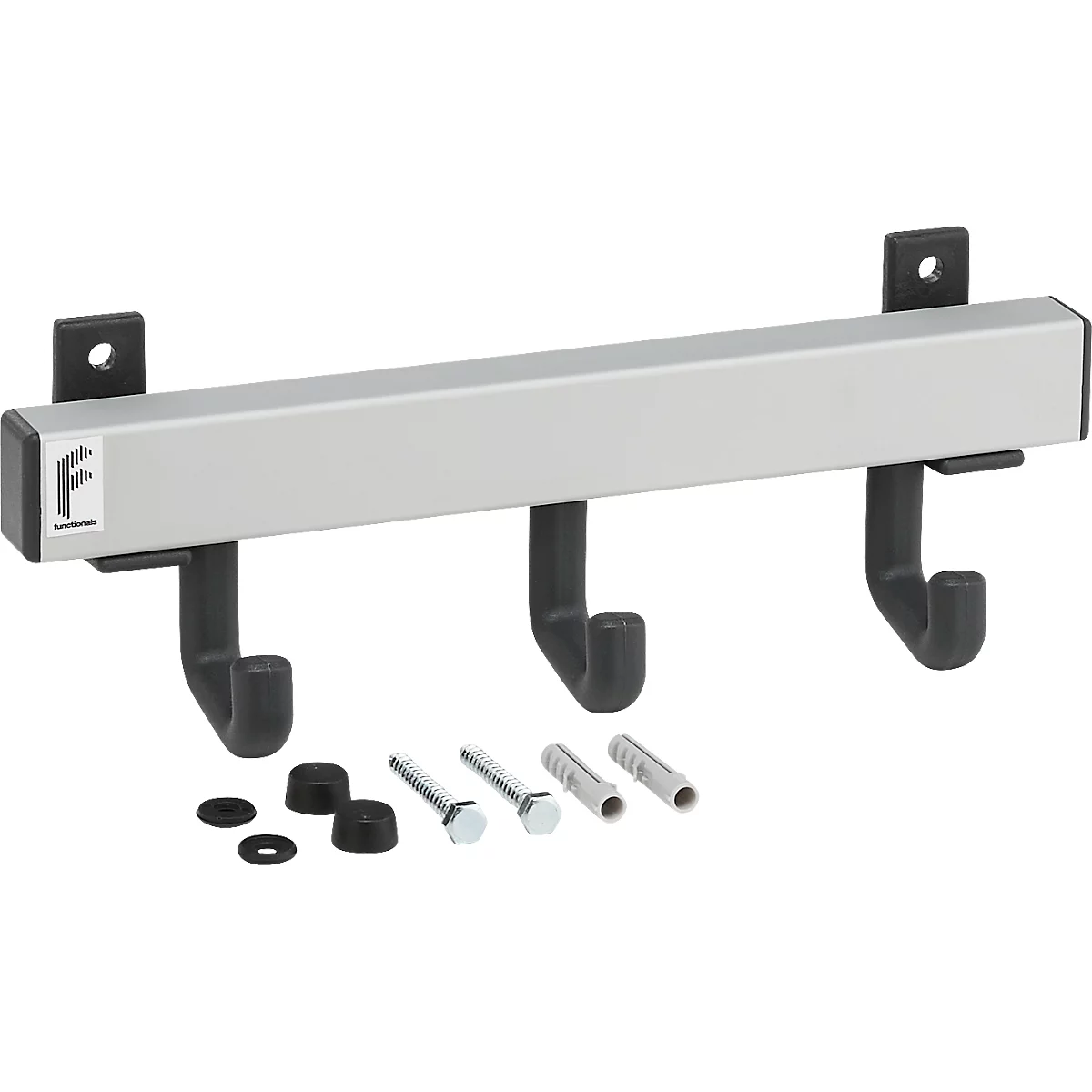 Hängeleiste mit drei Haken und Befestigungsmaterial.