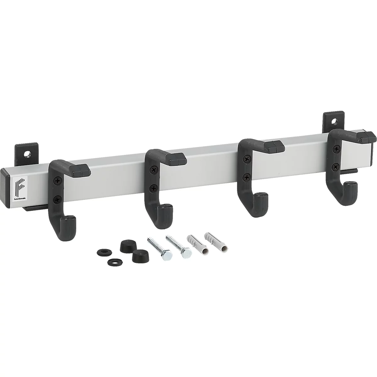 Wandgarderobe aus Metall mit vier schwarzen Haken und Befestigungsmaterial.