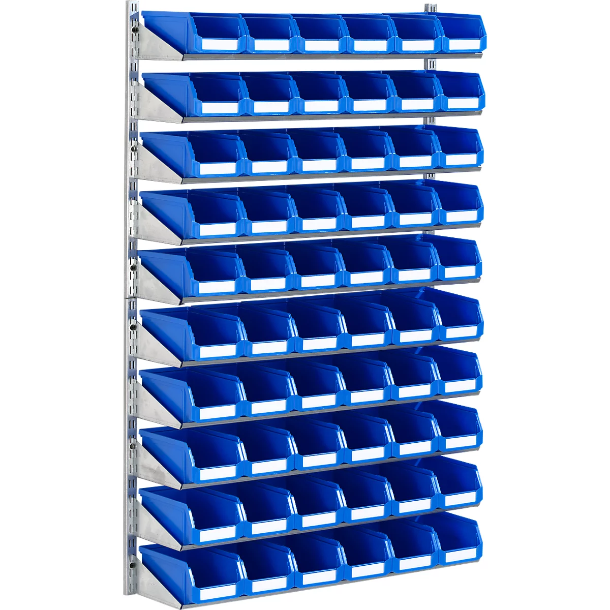 Blau-weiße Wandregale mit zahlreichen kleinen Fächern.