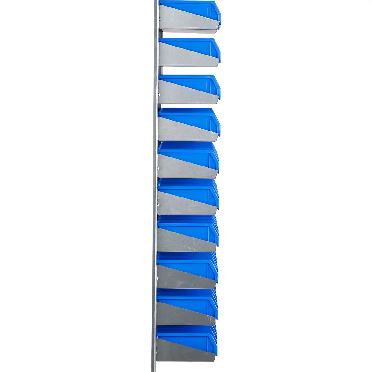 Ein graues Wandregal mit neun blauen Behältern.