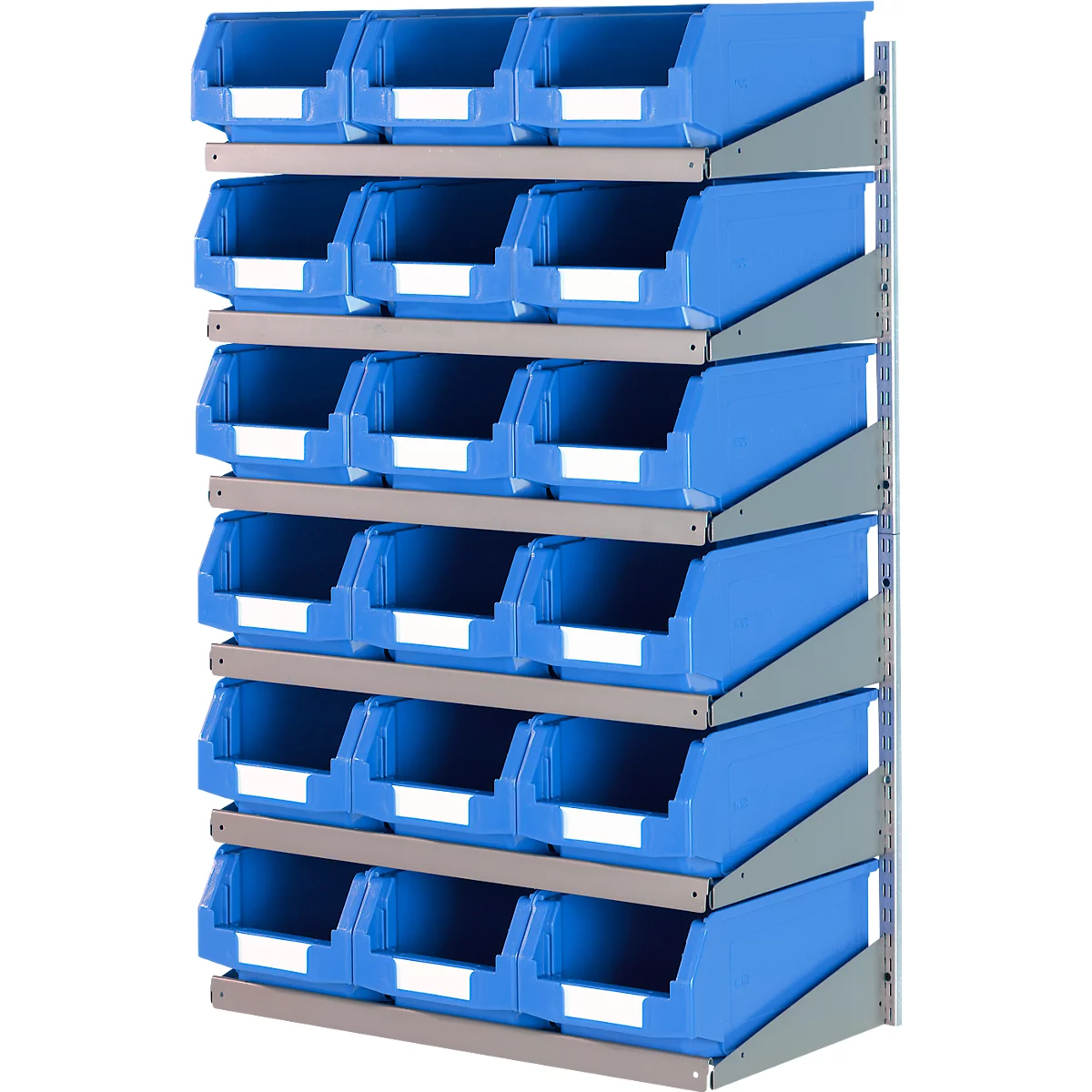 Blaues Regalsystem mit Kunststoffboxen.