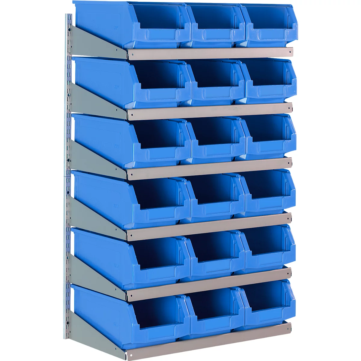 Blaues Wandregal mit mehreren offenen Aufbewahrungsboxen in Reihe.