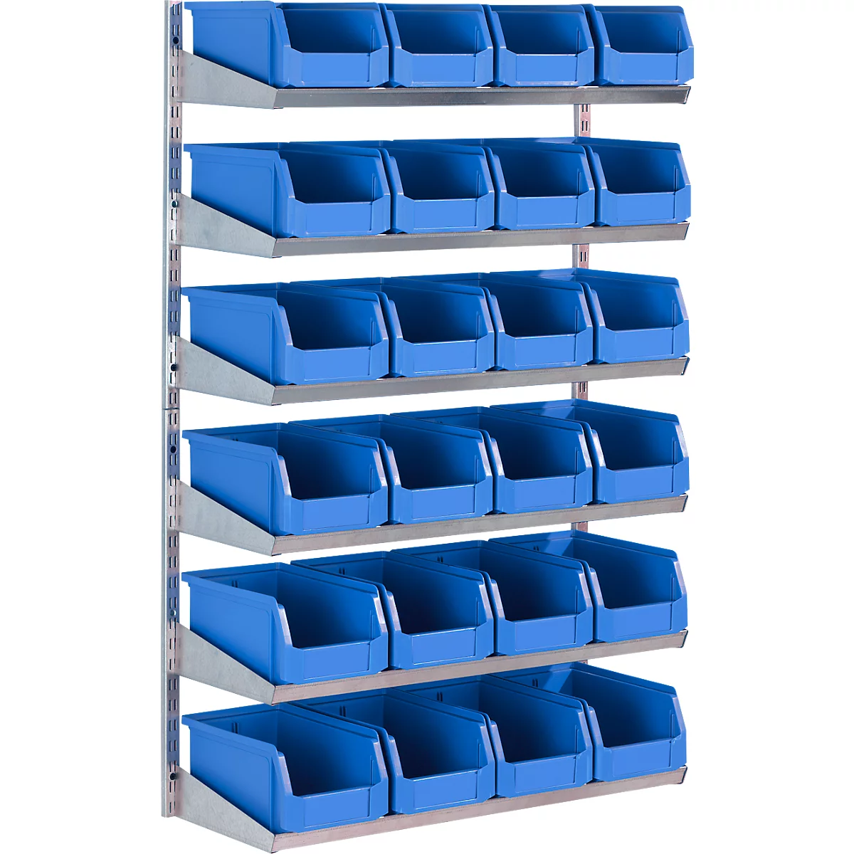 Ein blaues Wandregal mit mehreren offenen Behältern. Metallgestell mit blauen Kunststoffbehältern in mehreren Reihen.