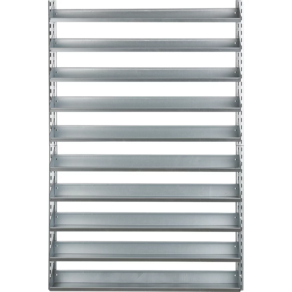 Grijs wandrek met tien planken, vooraanzicht.